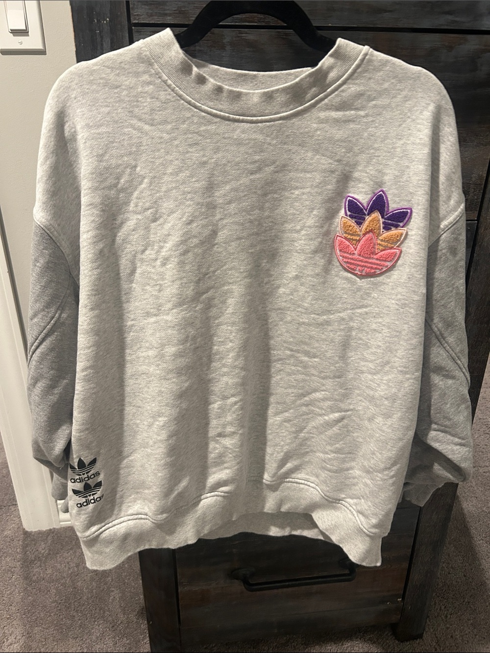 adidas Light Gray Crewneck Sweater with Multicolor Trefoil Patch